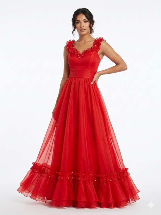 ILGwu Dresses & Skirts - Red Floral-Trim V-Neck Evening Gown